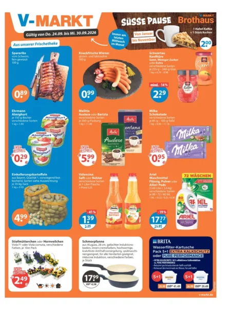 V-Markt Prospekt ab 24.09.2026 (KW 39) V-Markt Prospekt ab 24.09.2026 Seite 1 mit Spareribs, Wiener Würstchen, Ehrmann Almighurt, Melitta Kaffee und Ariel