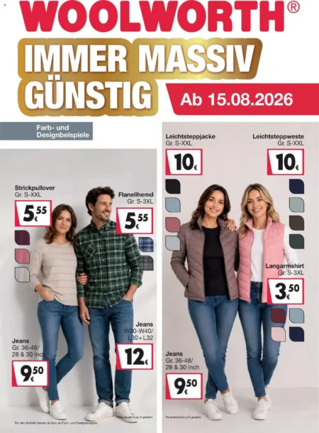 Woolworth Prospekt ab 12.09.2026 (KW 38) Woolworth Prospekt ab 12.08.2026 Seite 1 mit Strickpullover, Flanellhemd, Leichtsteppjacke, Leichtsteppweste und Jeans