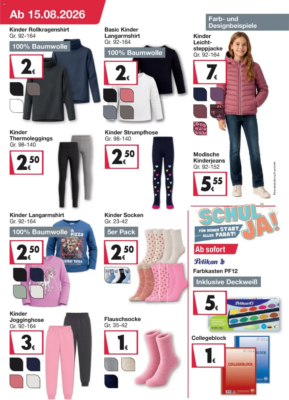 Woolworth Prospekt KW 38 Seite 3 mit Kinder Rollkragenshirt, Leichtsteppjacke, Thermoleggings und Pelikan Farbkasten