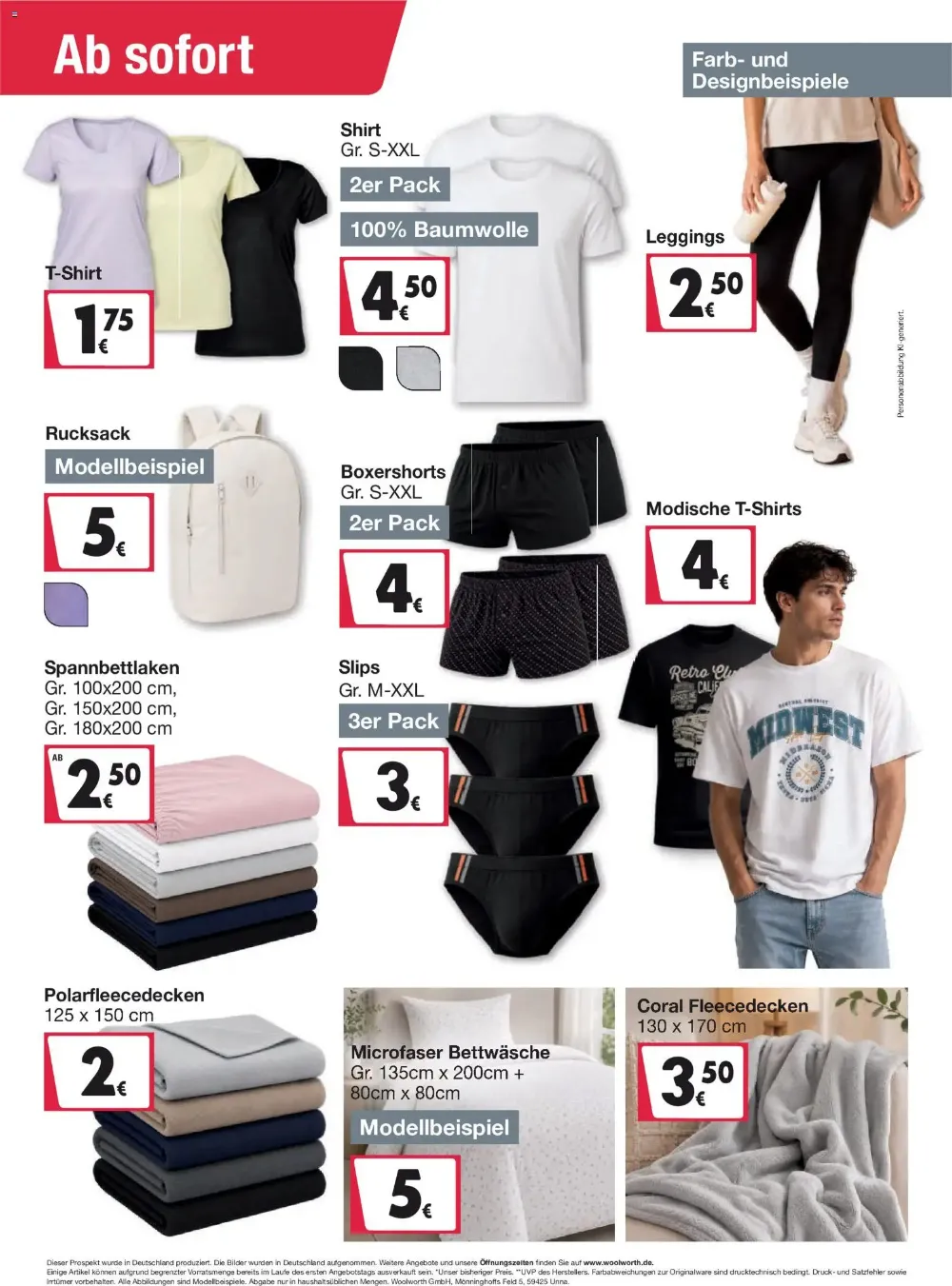 Woolworth Prospekt KW 38 Seite 4 mit T-Shirt, Leggings, Rucksack, Boxershorts, Slips, Fleecedecke und Bettwäsche