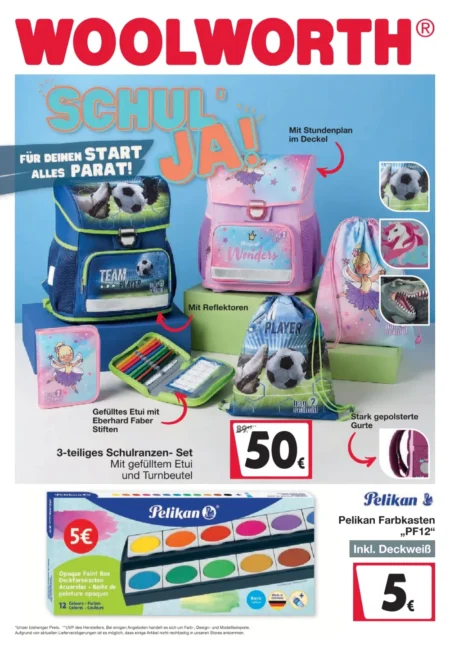 Woolworth Schulbedarf-Angebote im Prospekt ab 09.09.2026 (KW 37) Woolworth Schulbedarf Angebote ab 09.09.2026 Seite 1 mit Angeboten für Schulranzen-Set und Pelikan Farbkasten