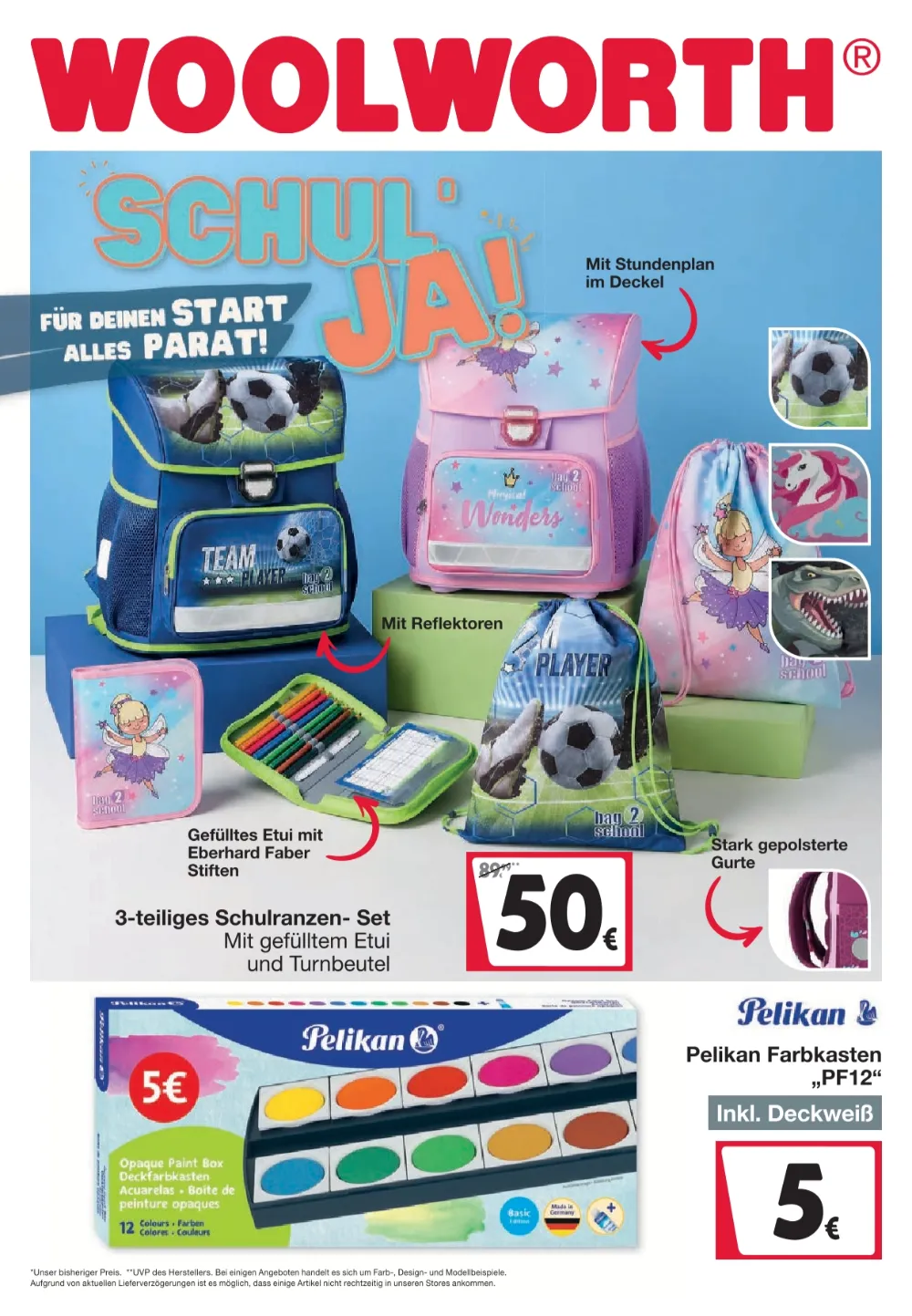 Woolworth Schulbedarf Angebote ab 09.09.2026 Seite 1 mit Angeboten für Schulranzen-Set und Pelikan Farbkasten