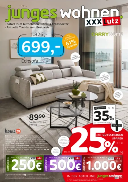 XXXLutz Junges Wohnen Prospekt ab 26.09.2026 (KW 40–41) XXXLutz Junges Wohnen Prospekt ab 26.09.2026 Seite 1 mit Ecksofa, Couchtisch-Set und Rabatt-Gutscheinen.