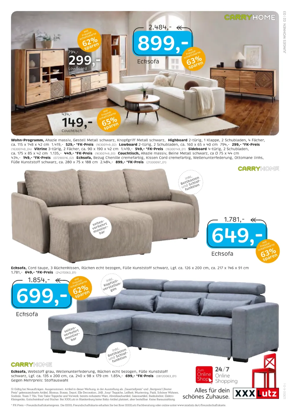XXXLutz Junges Wohnen Prospekt KW40 Seite 3 mit Highboard, Lowboard, Vitrine und Ecksofas.