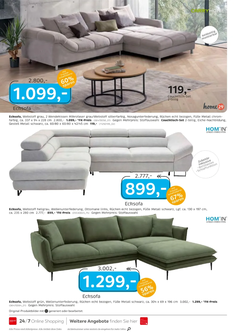 XXXLutz Junges Wohnen Prospekt KW40 Seite 6 mit verschiedenen Ecksofas und Couchtisch-Set.