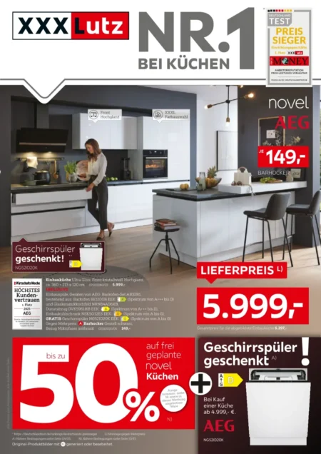 XXXLutz Prospekt ab 26.08.2026 (KW 40–41) (Küchen) XXXLutz Küchen Prospekt ab 26.09.2026 Seite 1 mit Einbauküche, Barhocker und AEG Geschirrspüler.