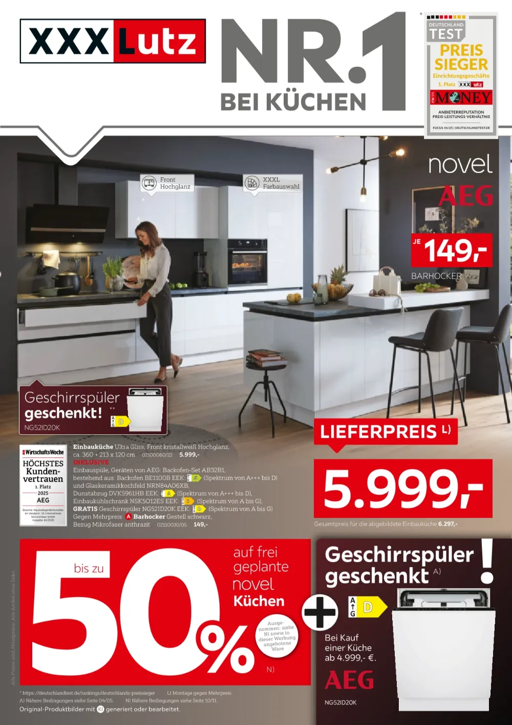 XXXLutz Küchen Prospekt ab 26.09.2026 Seite 1 mit Einbauküche, Barhocker und AEG Geschirrspüler.