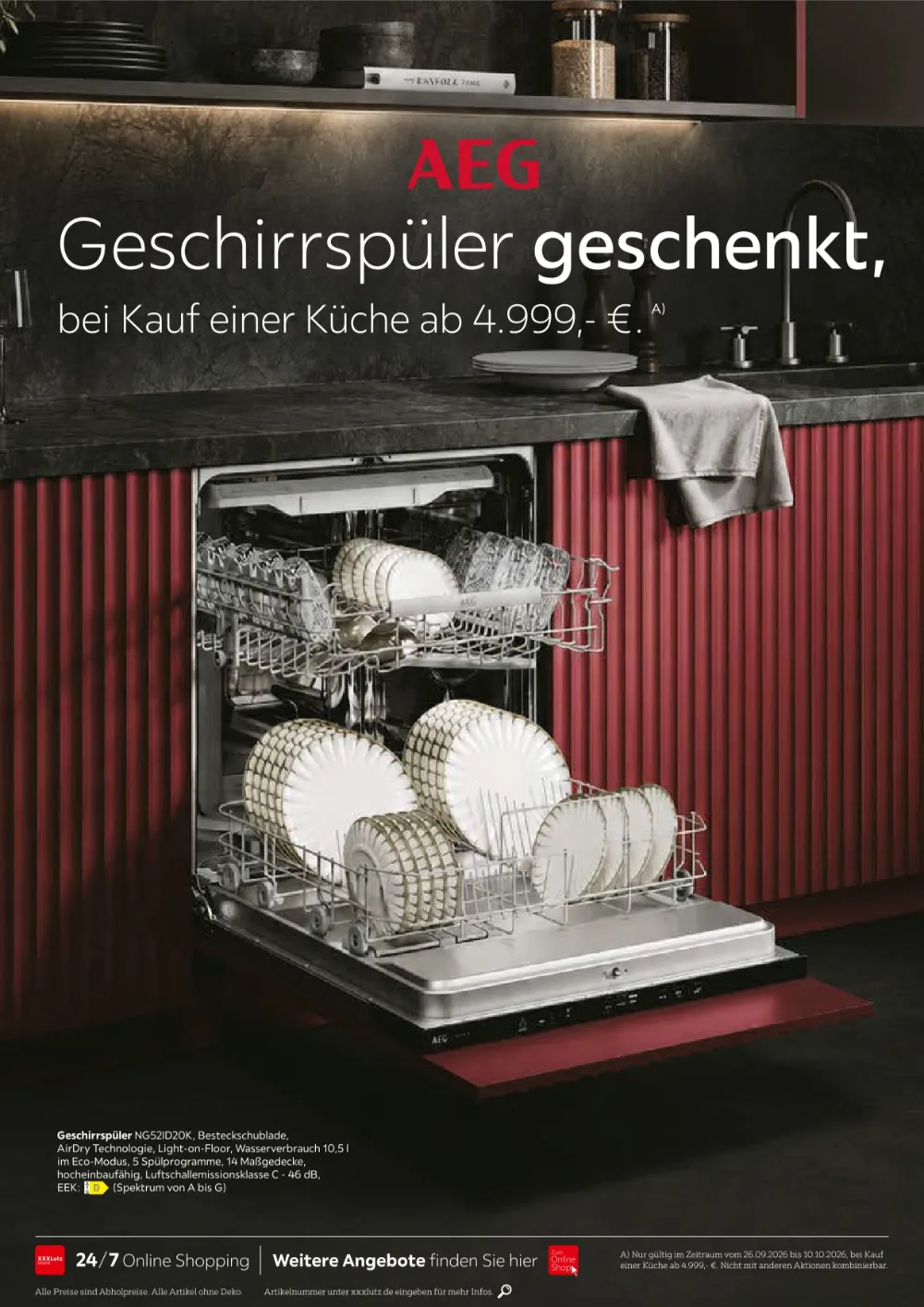 XXXLutz Küchen Prospekt KW40 Seite 4 mit AEG Einbau-Geschirrspüler, Besteckschublade und Zubehör.