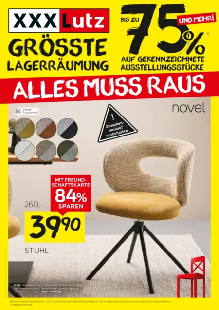 XXXLutz Prospekt ab 12.09.2026 (KW 38–39) XXXLutz Prospekt ab 12.09.2026 Seite 1 mit Novel Stuhl für die Lagerräumung