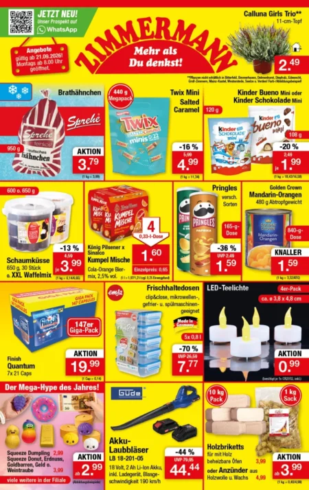 Zimmermann Prospekt ab 07.09.2026 (KW 39) Zimmermann Prospekt ab 21.09.2026 Seite 1 mit Sprehe Brathähnchen, Twix, Kinder Bueno, Pringles und Güde Laubbläser