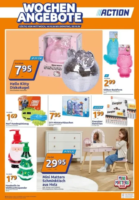 Action Prospekt ab 14.10.2026 (KW 42) Action Prospekt ab 14.10.2026 Seite 1 mit Hello Kitty Diskokugel, Silikon-Backform & Mini Matters Schminktisch
