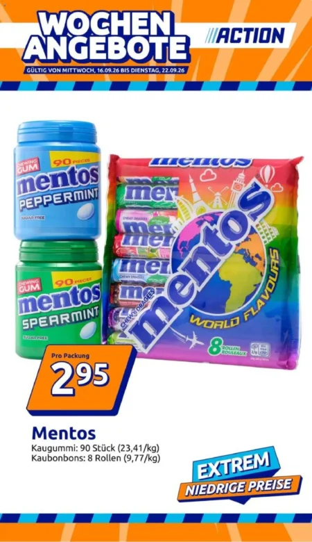 Action Prospekt ab 16.09.2026 (KW 38) Action Prospekt ab 16.09.2026 Seite 1 mit Mentos Kaugummi und Mentos Kaubonbons
