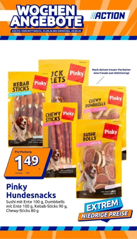 Neuer Action Prospekt ab 23.09.2026 (KW 39) Action Prospekt ab 23.09.2026 Seite 1 mit Pinky Hundesnacks.