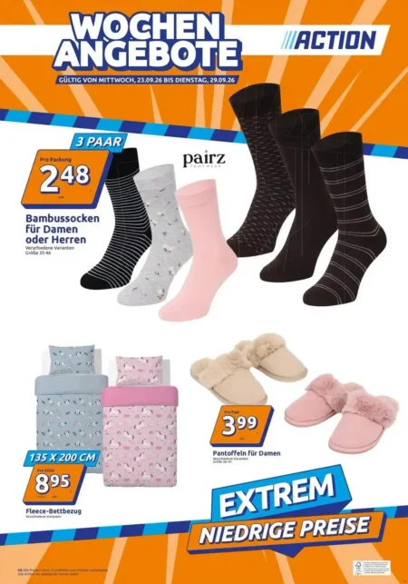 Action Prospekt ab 23.09.2026 (KW 39) Action Prospekt ab 23.09.2026 Seite 1 mit Bambussocken, Fleece-Bettbezug und Pantoffeln.