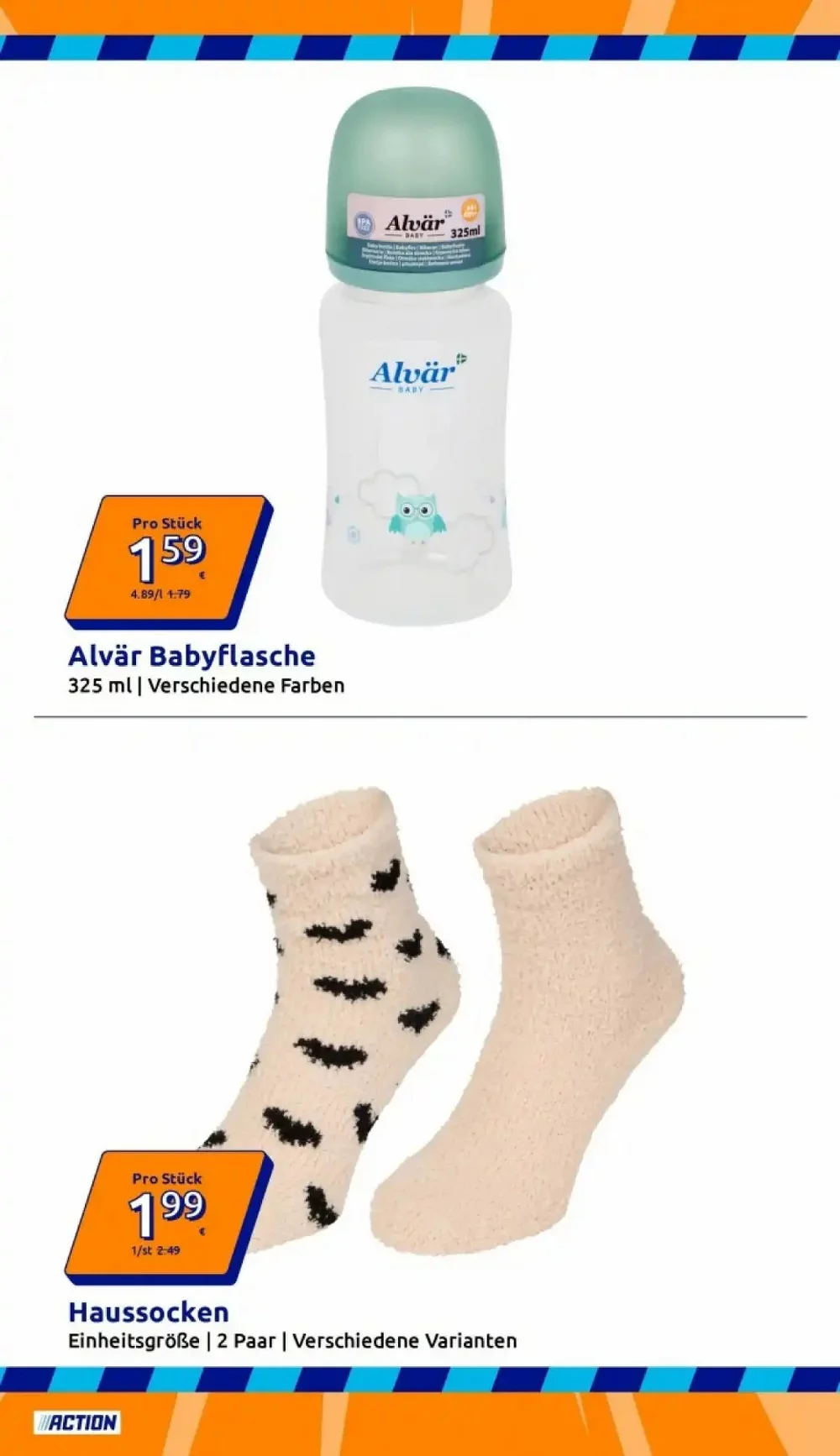 Action Prospekt KW40 Seite 2 mit Alvär Babyflasche und Haussocken.