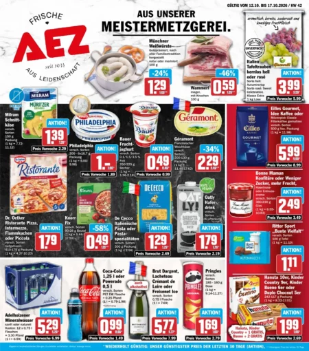 AEZ Prospekt ab 12.10.2026 (KW 42) AEZ Angebote ab 12.10.2026 Seite 1 mit Angeboten für Milram Schnittkäse, Philadelphia, Géramont, Oatly & Pringles