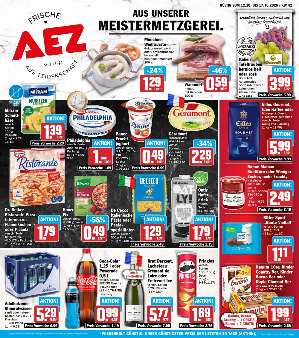 AEZ Angebote ab 12.10.2026 Seite 1 mit Angeboten für Milram Schnittkäse, Philadelphia, Géramont, Oatly & Pringles