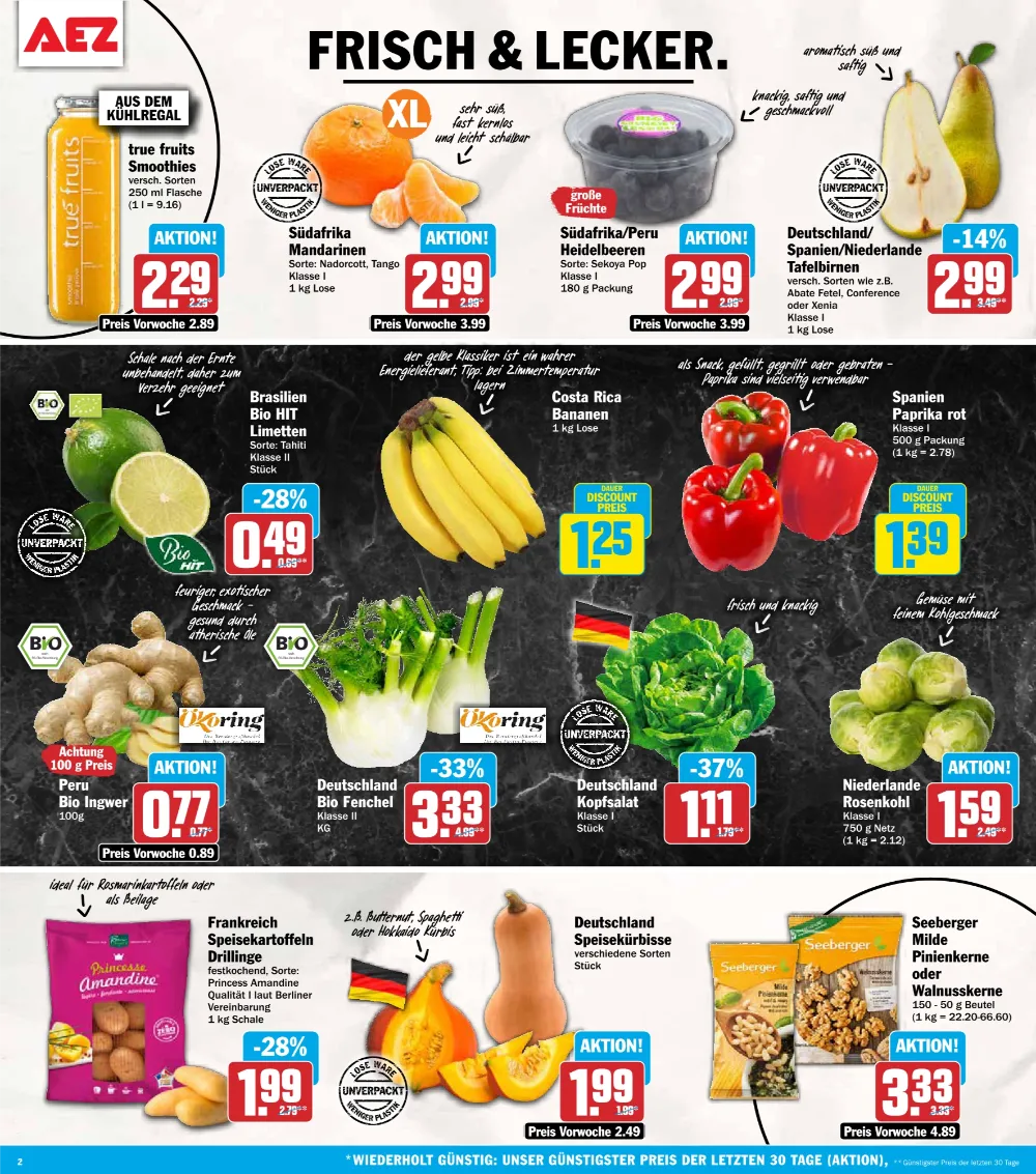 AEZ Angebote KW 42 Seite 2 mit Angeboten für true fruits Smoothies, Mandarinen, Bananen, Paprika, Ingwer & Rosenkohl