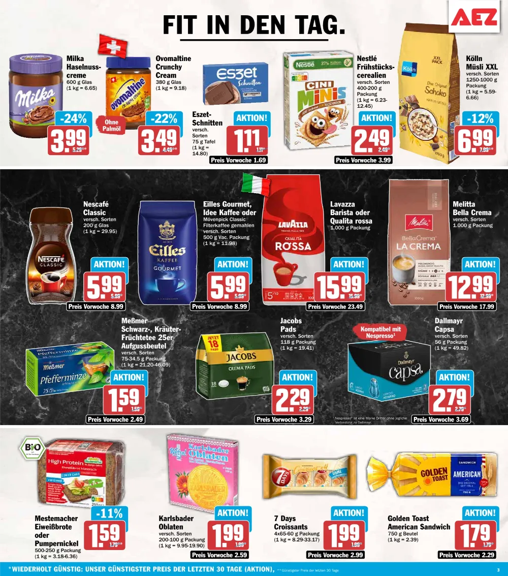 AEZ Angebote KW 42 Seite 3 mit Angeboten für Milka Haselnusscreme, Cini Minis, Kölln Müsli, Nescafé, Jacobs & Golden Toast