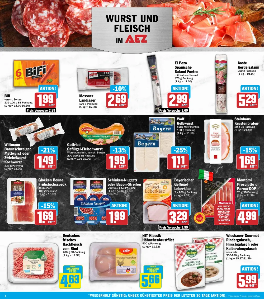 AEZ Angebote KW 42 Seite 4 mit Angeboten für BiFi, Landjäger, Aoste Kordelsalami, Gutfried, Hackfleisch & Hähnchenbrustfilet