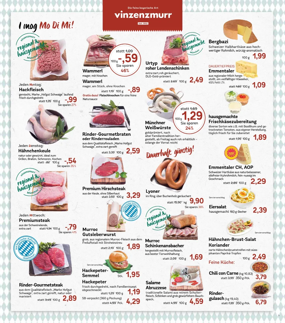AEZ Angebote KW 42 Seite 5 mit Angeboten für vinzenzmurr Hackfleisch, Wammerl, Weißwürste, Emmentaler & Hirschsteak