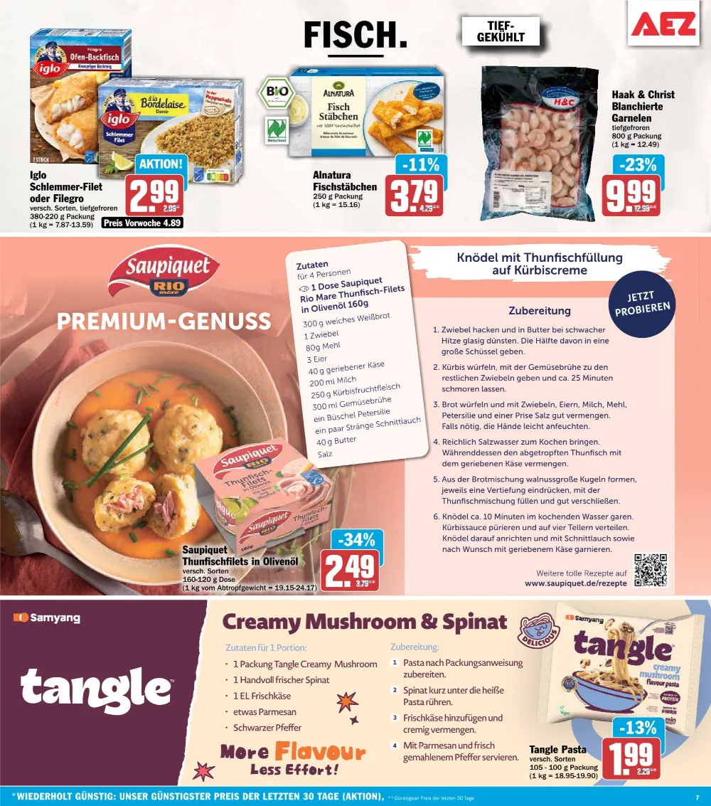 AEZ Angebote KW 42 Seite 7 mit Angeboten für Iglo Schlemmer-Filet, Alnatura Fischstäbchen, Saupiquet & Tangle Pasta