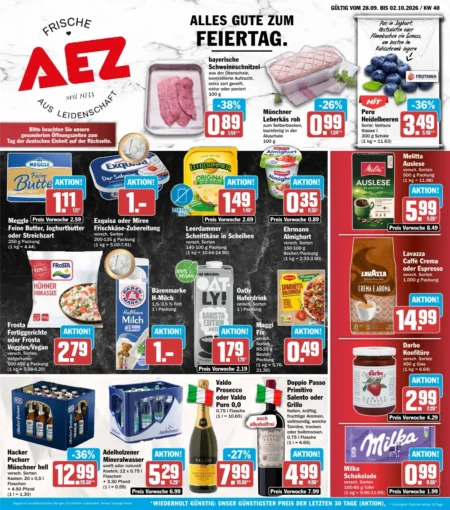AEZ Angebote im Prospekt ab 28.09.2026 (KW 40) AEZ Angebote ab 28.09.2026 Seite 1 mit Angeboten für Schweineschnitzel, Käse, Melitta Kaffee, Bier und Schokolade.