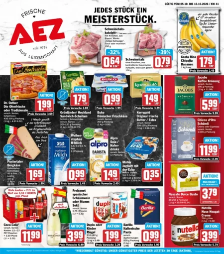AEZ Prospekt ab 05.10.2026 (KW 41) AEZ Prospekt ab 05.10.2026 Seite 1 mit Schweinehalskotelett, Bananen, Die Ofenfrische, Jacobs Kaffee und Nutella.