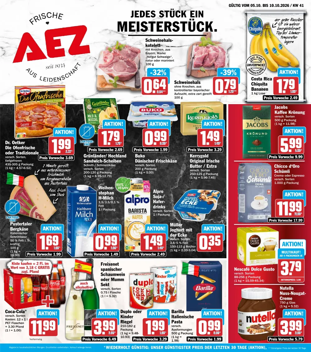 AEZ Prospekt ab 05.10.2026 Seite 1 mit Schweinehalskotelett, Bananen, Die Ofenfrische, Jacobs Kaffee und Nutella.