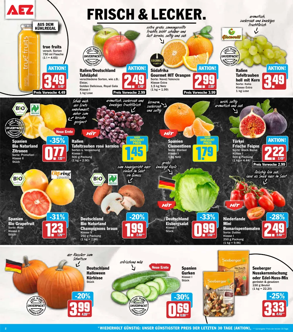 AEZ Prospekt KW41 Seite 2 mit true fruits, Tafeläpfeln, Orangen, Tafeltrauben, Clementinen, Feigen und Eisbergsalat.