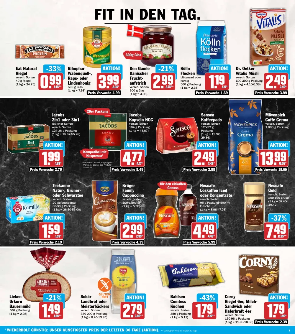 AEZ Prospekt KW41 Seite 3 mit Vitalis Müsli, Kölln Flocken, Jacobs Kaffee, Senseo Pads, Nescafé Gold und Corny Riegeln.