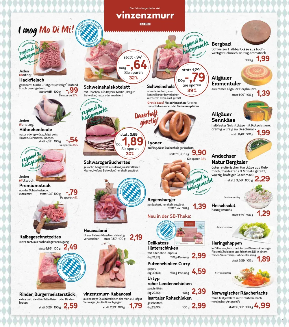 AEZ Prospekt KW41 Seite 5 mit Vinzenzmurr Hackfleisch, Hähnchenkeulen, Lyoner, Allgäuer Emmentaler und Räucherlachs.