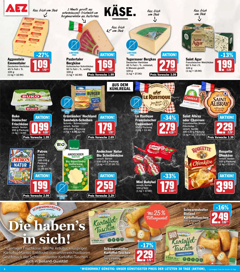 AEZ Prospekt KW41 Seite 6 mit Emmentaler, Saint Agur, Le Rustique Camembert, Mini Babybel und Kartoffeltaschen.