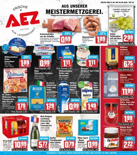 AEZ Prospekt ab 21.09.2026 (KW 39) AEZ Prospekt ab 21.09.2026 Seite 1 mit Schweinebraten, Regensburger, Dallmayr prodomo, Nutella und Coca-Cola