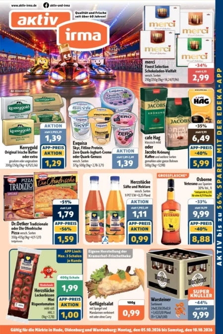 Aktiv Irma Prospekt ab 05.10.2026 (KW 41) Aktiv Irma Angebote ab 05.10.2026 Seite 1 mit angeboten für merci, Kerrygold Butter, Exquisa, Jacobs Kaffee und Warsteiner