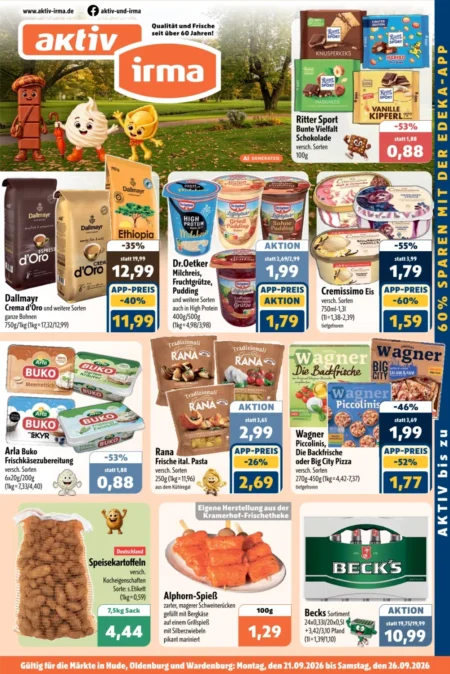 Aktiv Irma Prospekt ab 21.09.2026 (KW 39) Aktiv Irma Angebote ab 21.09.2026 Seite 1 mit angeboten für Dallmayr Kaffeebohnen, Dr. Oetker Pudding, Cremissimo und Becks.