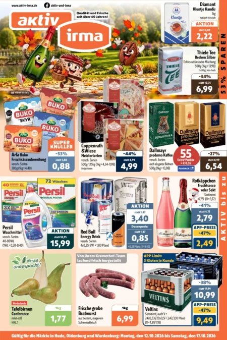 Aktiv Irma Prospekt ab 12.10.2026 (KW 42) Aktiv Irma Prospekt ab 12.10.2026 Seite 1 mit Arla Buko, Coppenrath & Wiese, Dallmayr, Persil & Veltins