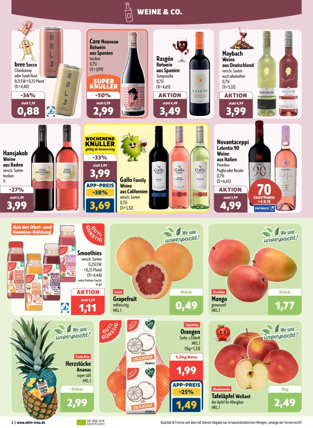 Aktiv Irma Prospekt KW 42 Seite 2 mit Bree Secco, Care Nouveau, Rasgón, Maybach & Tafeläpfeln Wellant