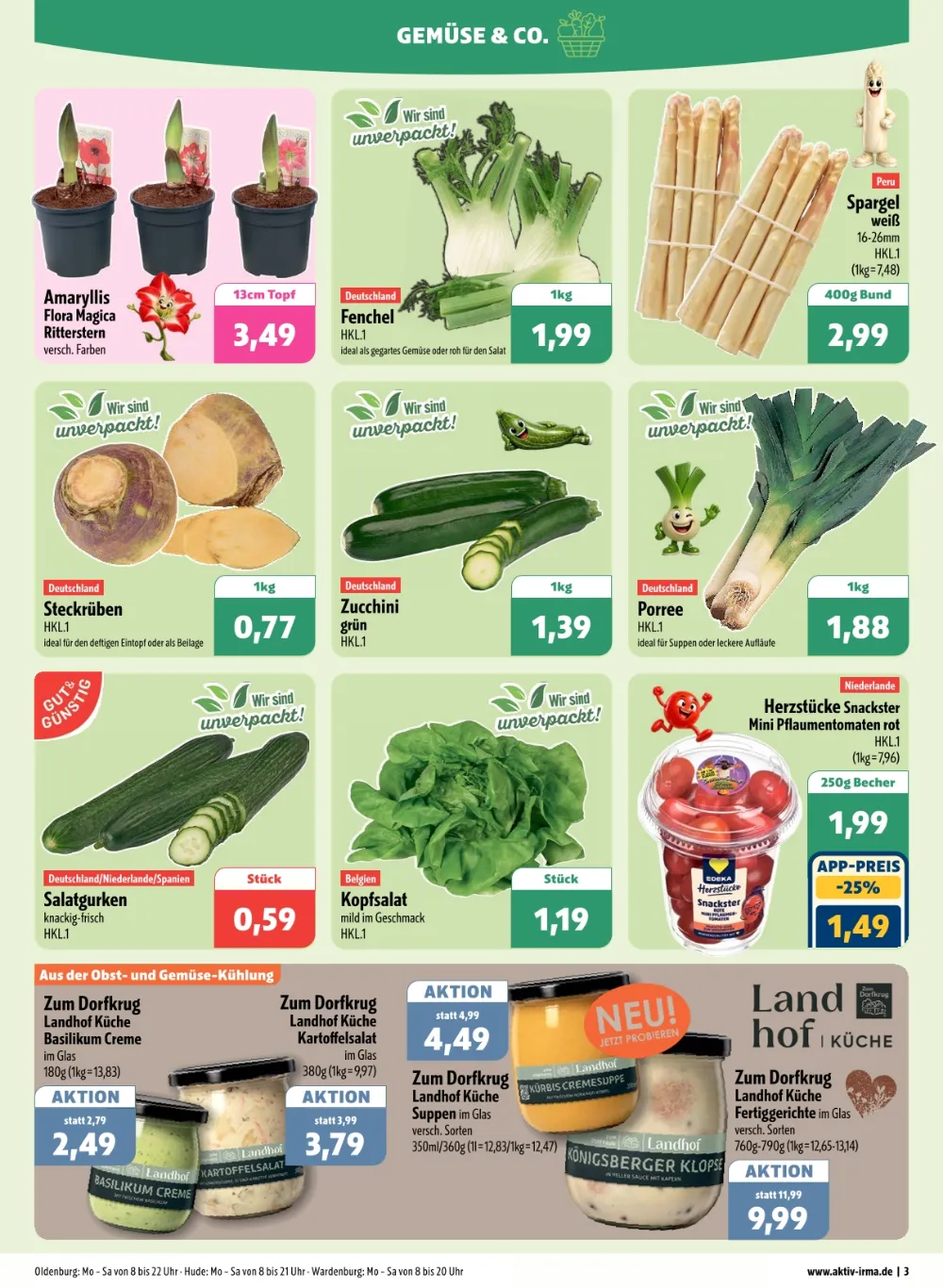 Aktiv Irma Prospekt KW 42 Seite 3 mit Fenchel, Zucchini, Porree, Salatgurken, Kopfsalat & Herzstücke Tomaten