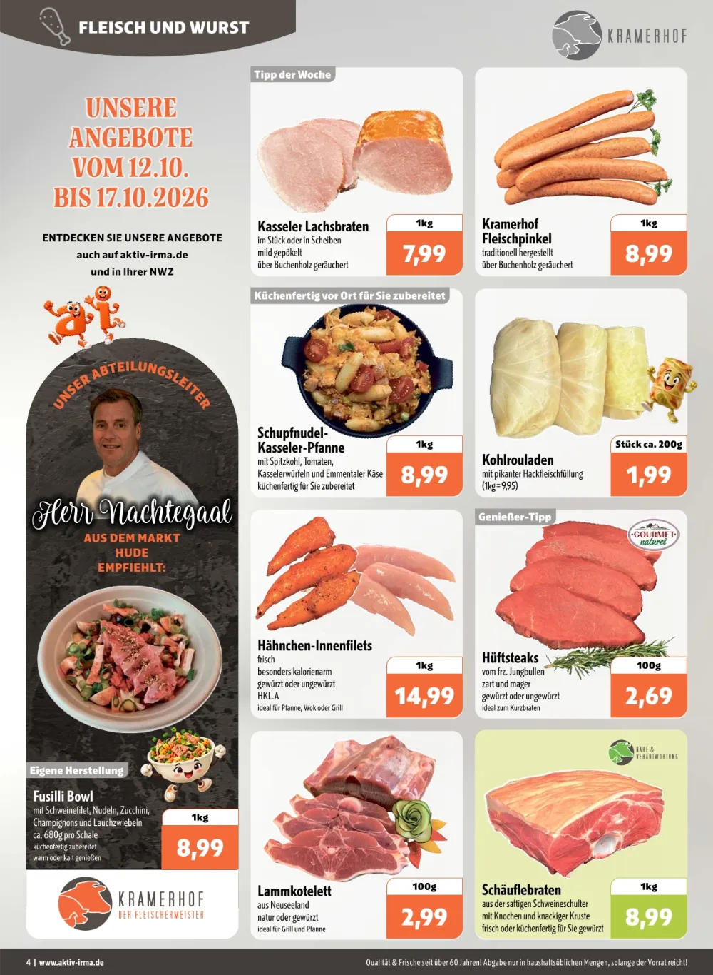 Aktiv Irma Prospekt KW 42 Seite 4 mit Kasseler Lachsbraten, Fleischpinkel, Schupfnudel-Pfanne & Hüftsteaks