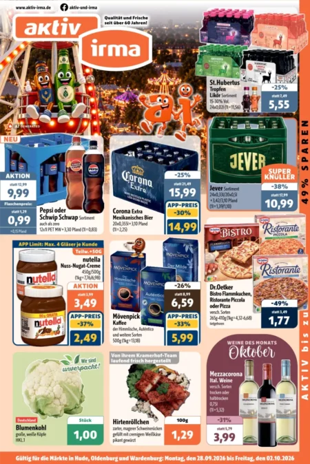 Aktiv Irma Prospekt ab 28.09.2026 (KW 40) Aktiv Irma Prospekt ab 28.09.2026 Seite 1 mit Pepsi, Jever, Nutella, Mövenpick Kaffee, Dr. Oetker Pizza und Blumenkohl.