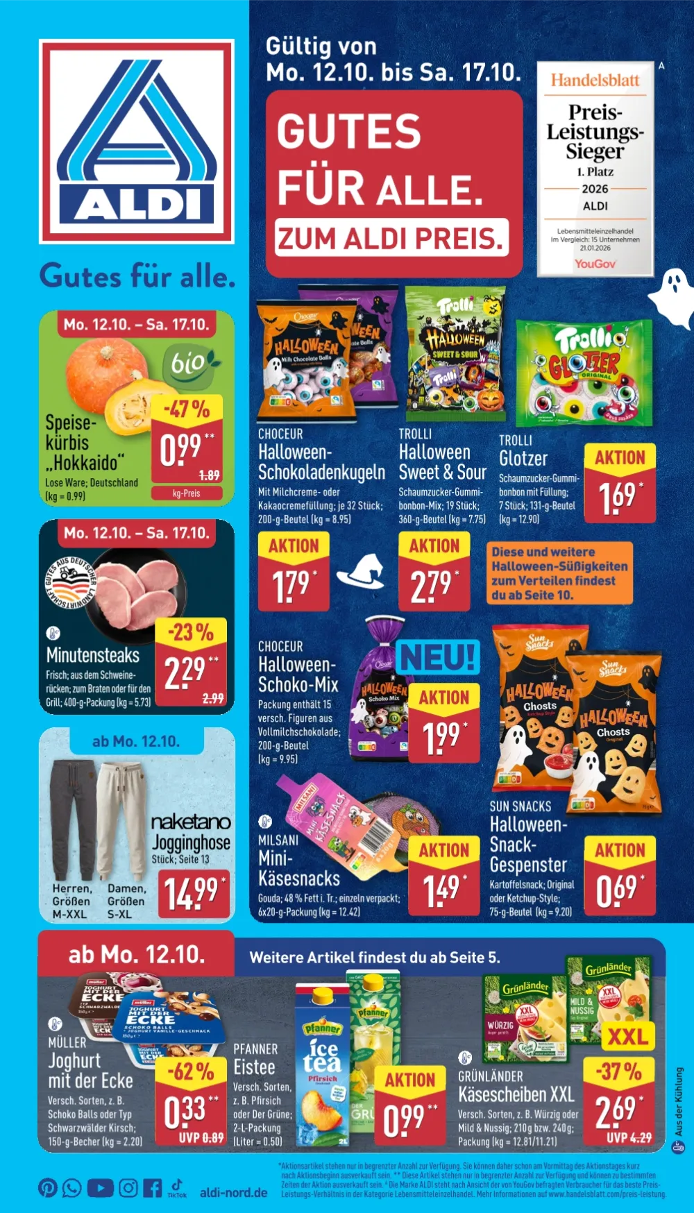 ALDI Nord Angebote ab 12.10.2026 Seite 1 mit Angeboten für Kürbis, Minutensteaks, Jogginghosen, Joghurt, Eistee und Käse