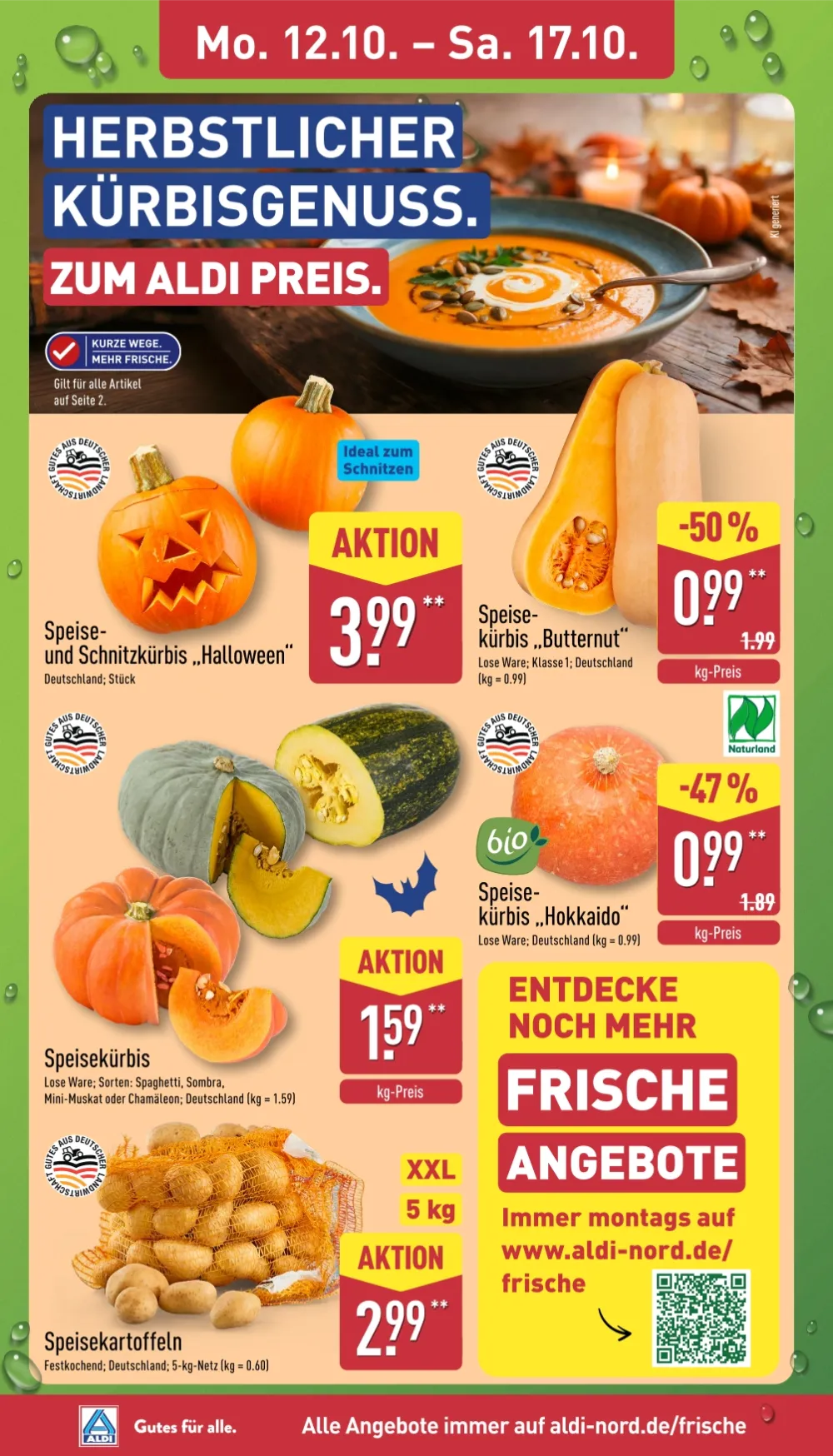 ALDI Nord Angebote KW 42 Seite 2 mit Angeboten für Schnitzkürbis, Butternut-Kürbis, Hokkaido-Kürbis und Speisekartoffeln