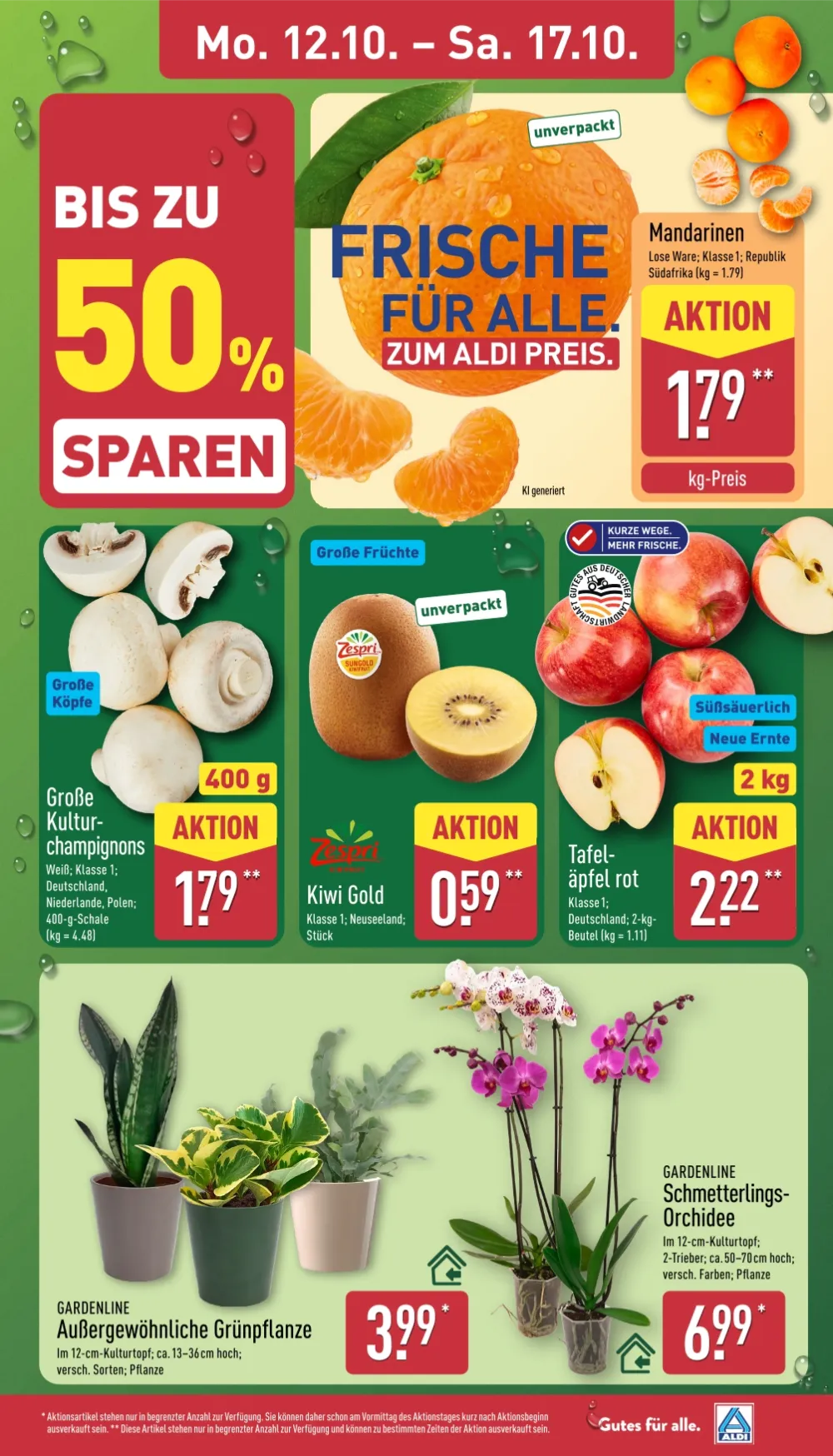 ALDI Nord Angebote KW 42 Seite 3 mit Angeboten für Mandarinen, Champignons, Kiwi Gold, Äpfel, Grünpflanzen und Orchideen