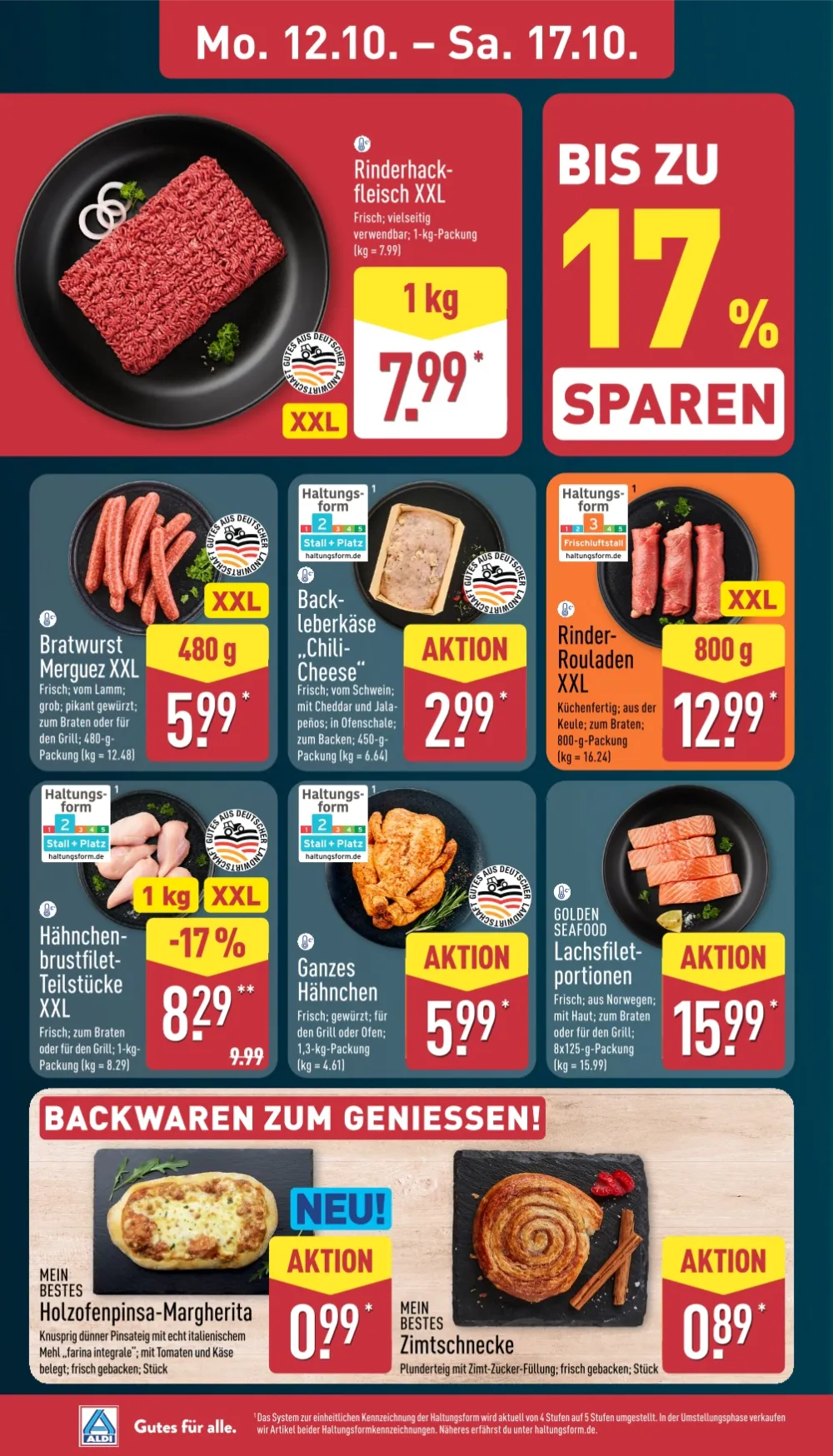 ALDI Nord Angebote KW 42 Seite 4 mit Angeboten für Rinderhackfleisch, Bratwurst, Rouladen, Hähnchenbrust, Lachs und Pinsa