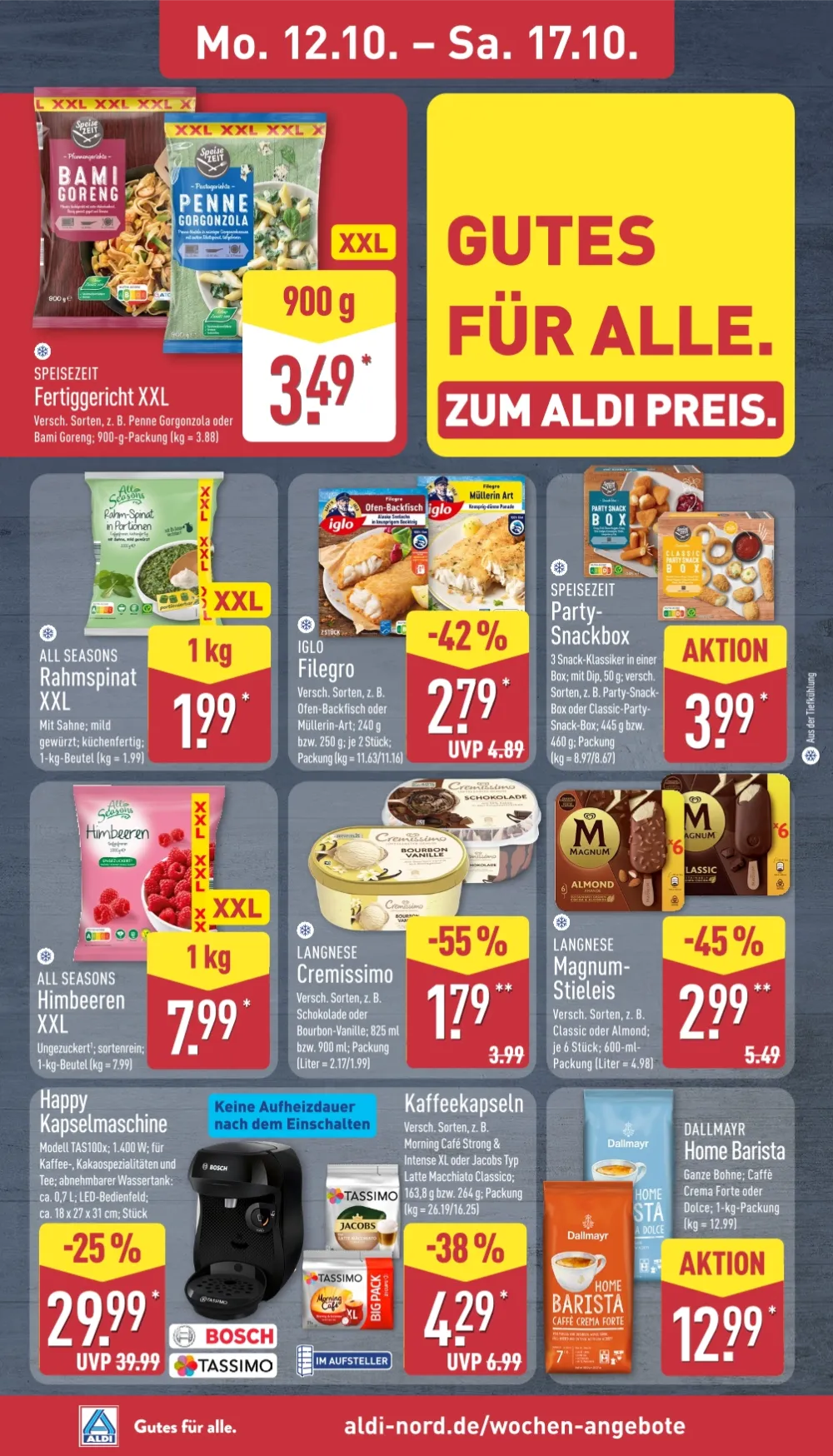 ALDI Nord Angebote KW 42 Seite 6 mit Angeboten für Speisezeit Fertiggericht, Rahmspinat, Cremissimo Eis, Magnum und Tassimo