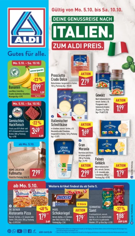 Aldi Nord Prospekt ab 05.10.2026 (KW 41) ALDI Nord Prospekt ab 05.10.2026 Seite 1 mit Bananen, Hackfleisch, Prosciutto Crudo, Schnittkäse und Ristorante Pizza.