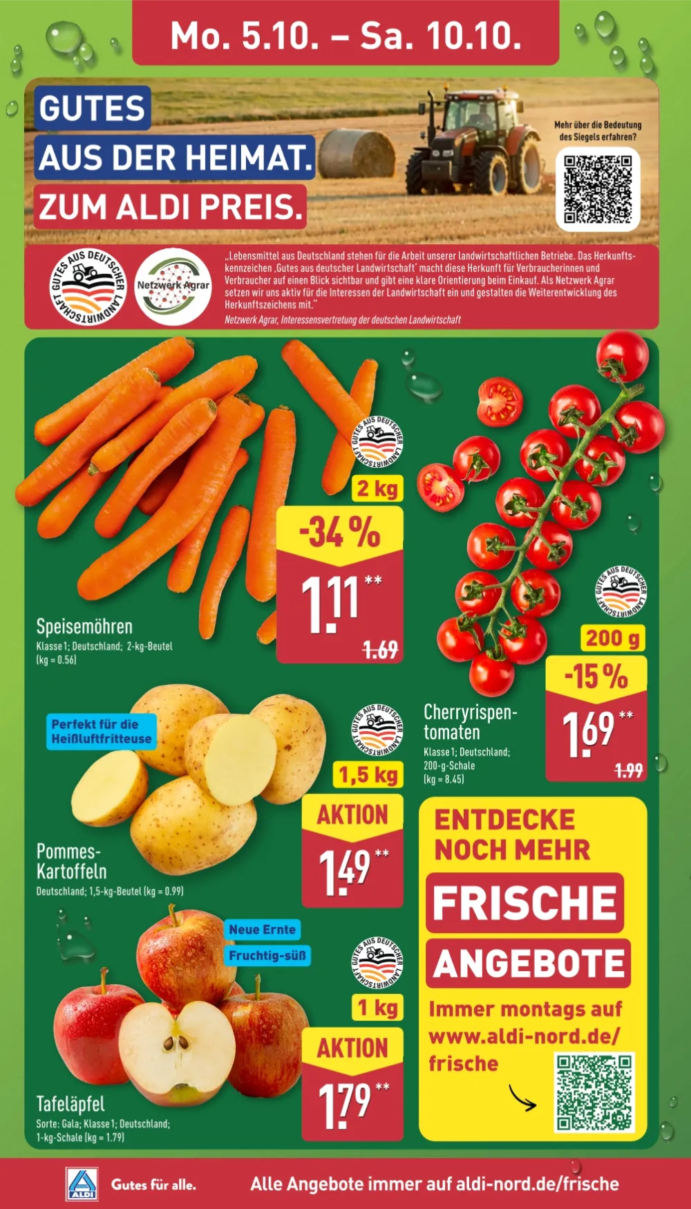 ALDI Nord Prospekt KW41 Seite 2 mit Speisemöhren, Cherryrispentomaten, Pommes-Kartoffeln und Tafeläpfeln.