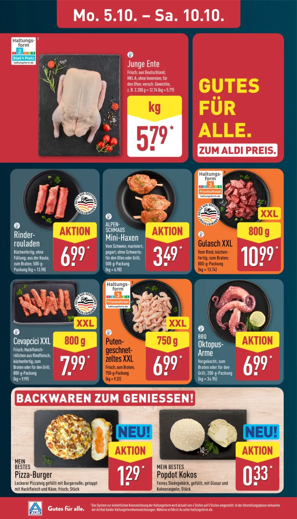 ALDI Nord Prospekt KW41 Seite 4 mit Junger Ente, Rinderrouladen, Mini-Haxen, Gulasch, Cevapcici und Oktopus-Armen.