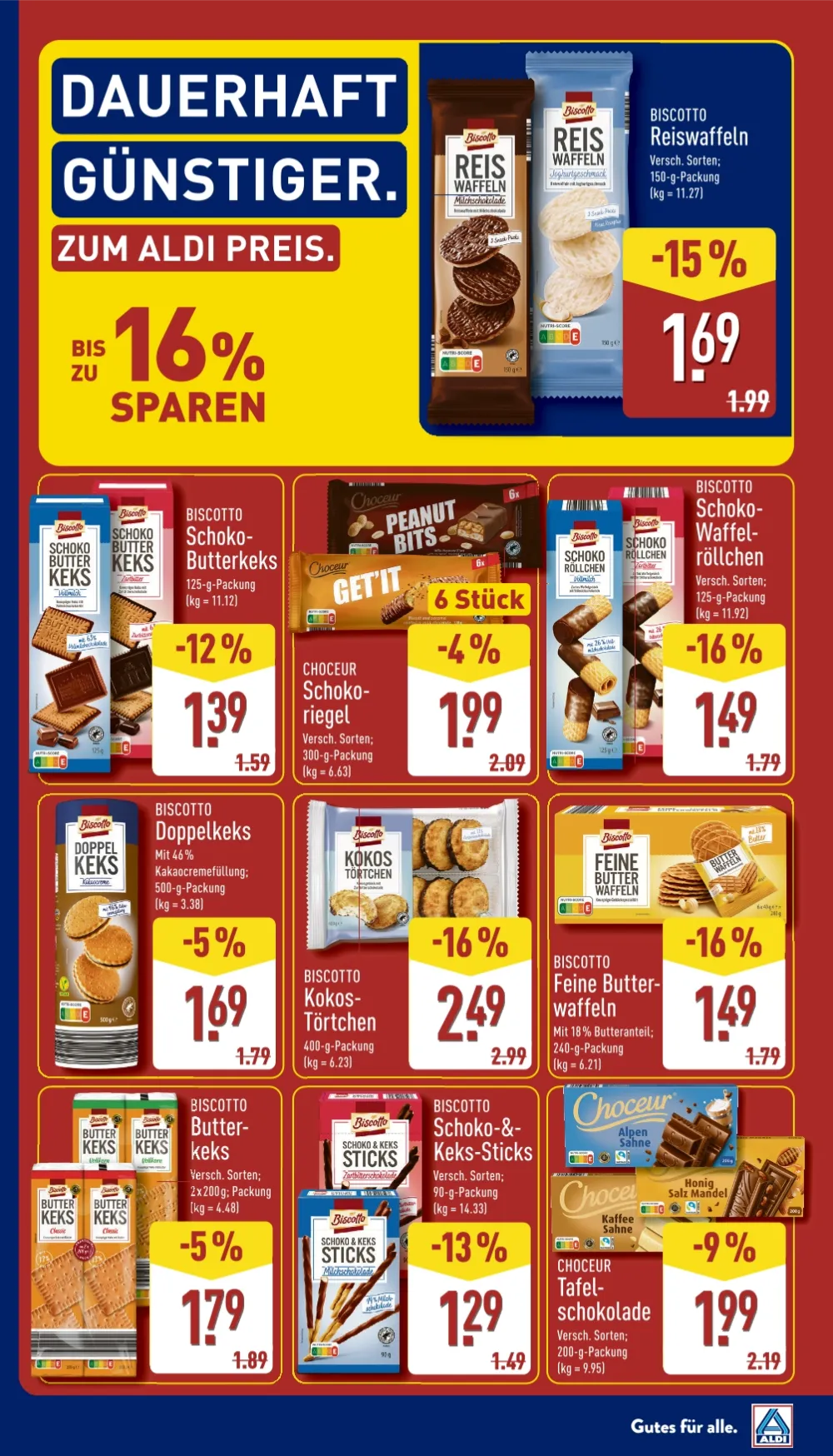 ALDI Nord Prospekt KW41 Seite 5 mit Biscotto Reiswaffeln, Butterkeksen, Doppelkeksen und Choceur Schokolade.